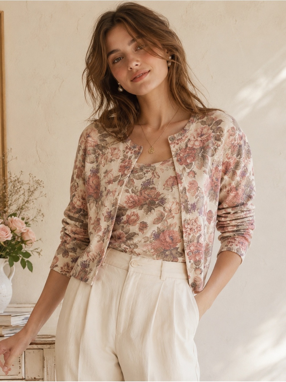 Vintage Easywear Floral Knit Twin Set Cardigan & Shell Cottagecore Romantic